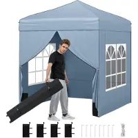 Costway Tente pliante 2 x 2 m, pavillon de jardin avec parois latérales amovibles, armature métallique, fenêtres, 4 sacs de sable et sac de transport, pavillon pliant gris