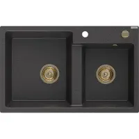 Mexen Tomas évier 2 cuves en granit 800 x 500 mm, noir tacheté, siphon doré - 6516802000-76-G