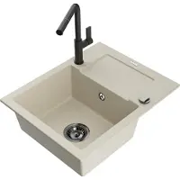 Mexen Enzo Évier en granit 1 bac avec égouttoir et mitigeur Flora, Beige - 6506-69-670401-70-B