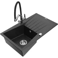 Mexen Evier Cesar 1 bac en granit avec égouttoir et mélangeur Duo, Noir/Argent métal - 6514-73-671701-07