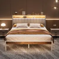 DEWINNER Cadre de lit, 140 x 190 avec Base en métal, lit 2 Personnes, avec lumières LED et Prises Multiples (1 Prise AC, 2 Ports USB)