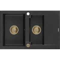 Mexen Gaspar Évier en granit 1,5 bol avec égouttoir 737 x 475 mm, Métal noir/argent, siphon Gold - 6507731505-73-G