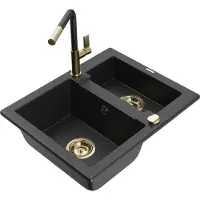 Mexen Carlos granit 1,5 compartiment avec robinet de cuisine Flora, métal noir/argent - 6518-73-670401-57-G