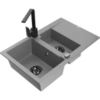 Mexen Gaspar évier en granit 1,5 bac avec égouttoir et mitigeur Rita, Gris - 6507-71-670300-70-B