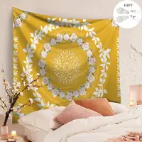 Ele eleoption Tapisserie murale Bohème, Zodight Mandala Médaillon Floral Tapisserie Hippie avec Design Couronne Blanc Esthétique,Gelber Kranz/150X130CM