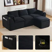 LVHOM Canapé modulable 3 places en velours côtelé, canapé d'angle avec porte-gobelets et poches latérales, grand canapé, 256 cm, noir