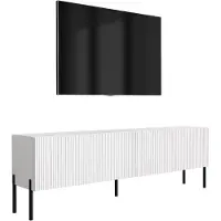 3Xeliving Meuble TV avec façades à motifs rainurés, finition blanc mat, et pieds noirs droits