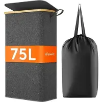 OEM Panier à linge en bambou de 75 litres avec poignée, panier à linge pliable avec sac à linge, panier à linge compact pour appartement, résidence étudiante et caravane, noir