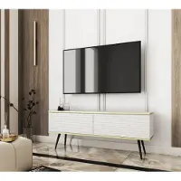 3Xeliving Meuble TV, design moderne, 135 pouces, en MDF blanc, portes à ouverture par simple pression, modèle sur pied