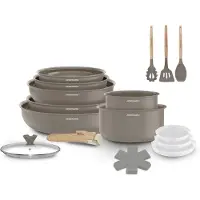 Arthur Martin Batterie de cuisine 18 pèces poignée amovible Taupe AM7887