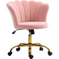 HOMCOM Chaise bureau en velours, chaise coiffeuse avec dossier en pétale, hauteur réglable, fonction bascule, assise rembourrée et pivotante, fauteuil coquillage pour bureau, salon, chambre, rose