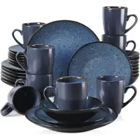 Happyment Elaria Service Tida - 32 pièces - 8 personnes - Bleu - Assiettes - Service de table - Assiettes creuses - Assiettes petit déjeuner - Tasses et soucoupes - Servies - Ustensiles de cuisine