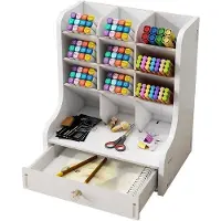 OEM Organiseur de bureau en bois - Équipement de bureau polyvalent - Boîte à stylos à plume pour la maison ou l'école - Étagère empilable avec tiroir (blanc)