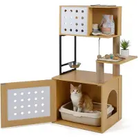 Costway Arbre à chat avec meuble pour bac à litière, meuble pour litière, maison pour chat en bois, arbre à chat avec station d'alimentation, poteaux en sisal et tapis à griffer