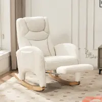 Aiorber Fauteuil à bascule, tissu Teddy, doux, cadre en bois, rembourré, capacité de charge 110 kg , fauteuil inclinable, pour salon, chambre à coucher, 66x125x101cm,Blanc