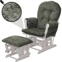 Mendler Fauteuil relax HWC-C76, rocking chair fauteuil à bascule avec pouf tissu/textile chenille (465g/m²) vert, piètement blanc