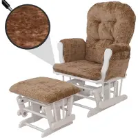 Mendler Fauteuil relax HWC-C76, fauteuil à bascule Fauteuil à bascule avec pouf Tissu Chenille (465g/m²) Öko-Tex marron clair, piètement blanc