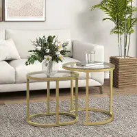 SUGIFT Ensemble de 2 tables basses, empilables, pour salon, tables rondes et ovales, en verre trempé, finition dorée | Ø 50 x 50,5 cm | Structure en acier | Pieds réglables en hauteur