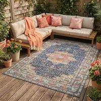 FRAAI Tapis d'intérieur et d'extérieur - kairo Medallion Bleu Foncé/terra | 80x150 cm | Rectangulaire | Tissage plat