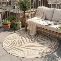 FRAAI Tapis d'extérieur rond en jute - Nomad Leaves Crème | Ø 160 cm | Rond | Tissage plat