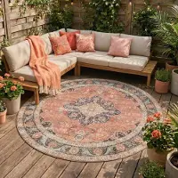 FRAAI Tapis d'intérieur et d'extérieur rond - kairo Medallion terra/Bleu Foncé | Ø 160 cm | Rond | Tissage plat