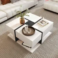 Aiorber Table basse haute brillance, table avec 4 tiroirs, harmonie unique des couleurs et design linéaire, espace de rangement en bas. 78*78*36cm
