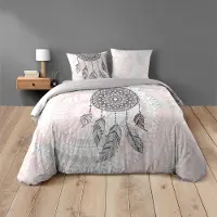 Douceur d'intérieur Parure de lit 3 pièces en coton Namaste - Gris et Rose - 240 x 220 cm