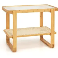 Northix Table basse avec plateau en verre amovible et étagère en rotin Table basse avec structure en bambou