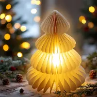 Spetebo Sapin de Noël en papier LED blanc chaud illuminé avec minuterie - 28 cm - Figure décorative Sapin de Noël pliable avec éclairage Fonctionnant sur pile