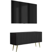 3Xeliving Meuble TV avec façade à motifs en relief, finition noire mate, et pieds inclinés dorés