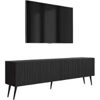 3Xeliving Meuble TV avec façades à motifs rainurés, finition noire mate, et pieds noirs inclinés
