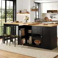 Flieks Table à rallonges avec casier à bouteilles, étagères pour en-cas, portes magnétiques, pivotante à 360°, table de cuisine, îlot de cuisine 120-197 x 40 x 72 cm, noir