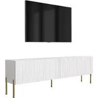 3Xeliving Meuble TV avec façades à motifs cannelés, finition blanc mat, et pieds dorés droits