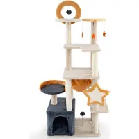 StarTech.com Arbre à chat - Arbre à grimper pour chats - Hauteur 160 cm - Plusieurs niveaux - Troncs et planche en sisal - Grotte - Plateformes et siège en peluche - Jouets suspendus - Gris