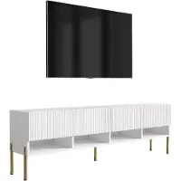 3Xeliving Meuble TV avec façades à motifs cannelés, finition blanc mat, et pieds dorés droits