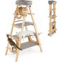 OEM Arbre à chat à 5 niveaux en bois massif avec poteaux en sisal et couchage moelleux ; arbre à chat pliable pour petits et grands animaux de compagnie