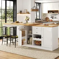 Flieks Table à rallonges avec casier à bouteilles, étagères pour en-cas, portes magnétiques, pivotante à 360°, table de cuisine, îlot de cuisine 120-197 x 40 x 72 cm, blanc