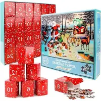 OEM Calendrier de l'Avent 2024 avec puzzle, 1008 pièces, bleu, pour adultes et enfants, décoration
