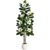 StarTech.com Ficus lyre artificiel - Grand bonsaï de sol - 150 cm en PE - Avec des fleurs de magnolia blanches - Décoration d'intérieur et d'extérieur - Pot de fleurs blanc