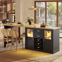 Flieks Table à rallonges avec éclairage LED tricolore, table de cuisine avec rangement, casier à bouteilles, pivotante à 360°, 120-197 x 40 x 72 cm, noir