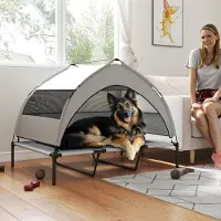 SUGIFT Lit pour chien d'extérieur avec toit, lit surélevé pour grands chiens, filet en polyester respirant, gris clair | 122 x 92 x 94 cm | 23 cm de hauteur par rapport au sol | Acier