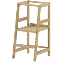 Vipack - TABLE D'APPRENTISSAGE en hêtre massif, marchepied et surface d'appui réglables en hauteur sur 3 positions, surface vernie naturelle
