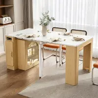 Flieks : table à rallonges avec meuble de rangement, table de cuisine à plateau amovible, buffet avec éclairage LED et tiroir, finition naturelle