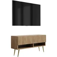 3Xeliving Meuble TV avec façade à motifs rainurés, en bois de chêne "Craft", avec des pieds inclinés dorés