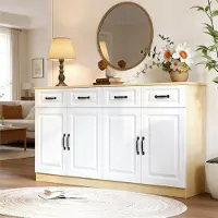 SUCCESS COURIER Buffet, 4 tiroirs et 4 portes, avec moulures, pieds en métal, 160 x 35 x 80 cm, blanc