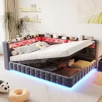 OKWISH Lit Banquette 90x200 cm - Lit Coffre avec Coffre Hydraulique et LED, sans Matelas, en Velours, Gris Foncé