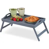 Famanu Table de petit-déjeuner pliante en bambou, grise, 65 x 50 x 30 cm