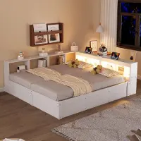Flieks Canapé-lit hydraulique avec structure en bois, 90 x 200 cm / 180 x 200 cm, avec rangements, lit de jour avec fonction de rangement et éclairage LED, blanc