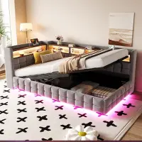 OKWISH Lit Banquette 90x200 cm - Lit Coffre avec Coffre Hydraulique et LED, sans Matelas, en Velours, Gris Clair