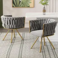 Sweiko Chaise de salle à manger en velours , lot de 2, chaise pivotante de salon-chambre à coucher de luxe, chaise pivotante de loisirs avec quatre pieds de support en métal,gris et or